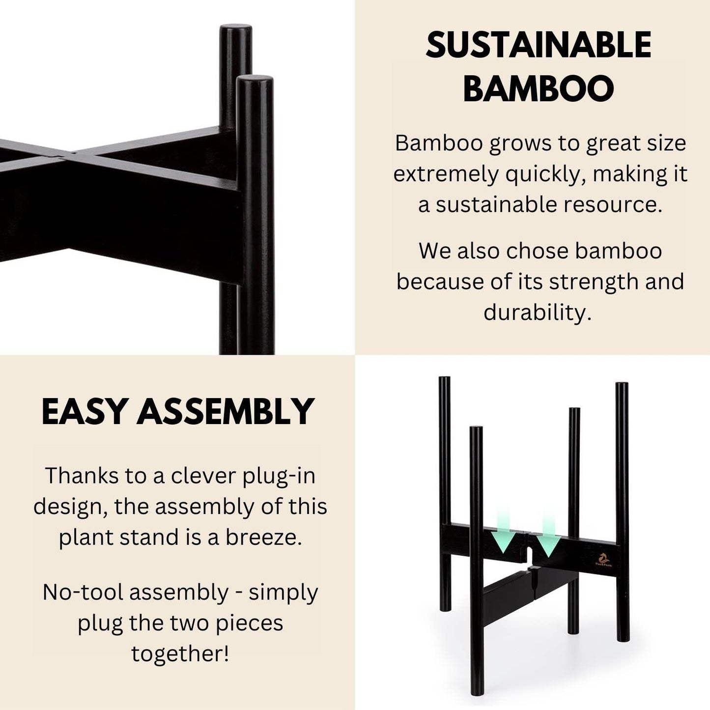 Fox & Fern Bamboo Plant Stand — 14.9 Inch Fixed Size Wooden Mid Century Planter Stand for Indoor Planters (Not Included); Extra Large Flower Pot Holder for Indoor Big Pots; Plug In Design; Dark Bamboo