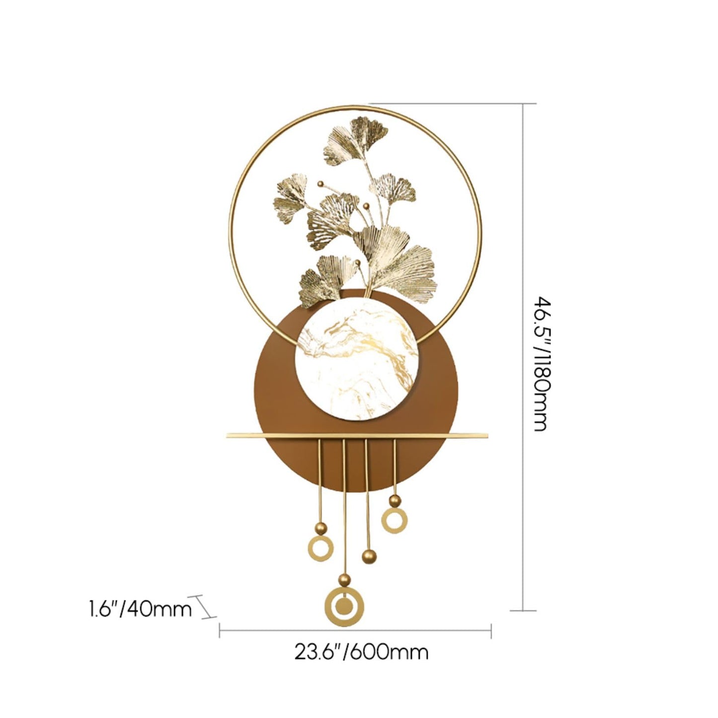 BULUXE Metal Wall Decor – 46.5" Modern 3D Ginkgo Leaf Wall Art with Gold Finish & Marble Accent, Geometric Metal Wall Sculpture