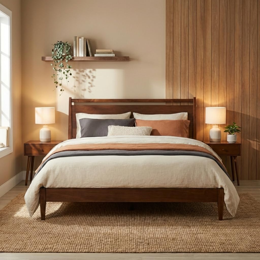 NTC Adept Wooden Bed Frame with Headboard, Crafted from Walnut, Rubber Wood with Silent Slats and Wood Central Supports, 1000 Lb Capacity, Effortless Assembly, Queen - Dark Walnut