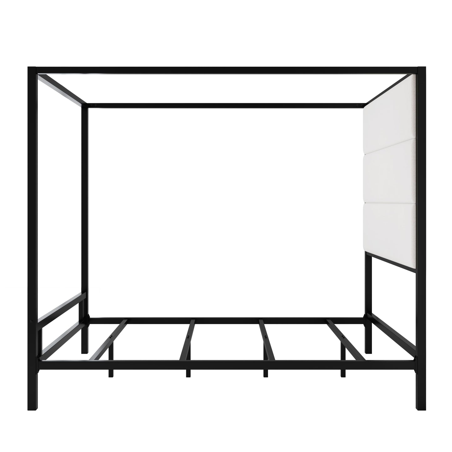 Merax Queen Size Metal Canopy Bed Frame, Modern Tall Upholstered Velvet Headboard, Black 4-Poster Bed with 800 lbs Capacity, Box Spring Required Easy Assembly for Bedroom, Black+White
