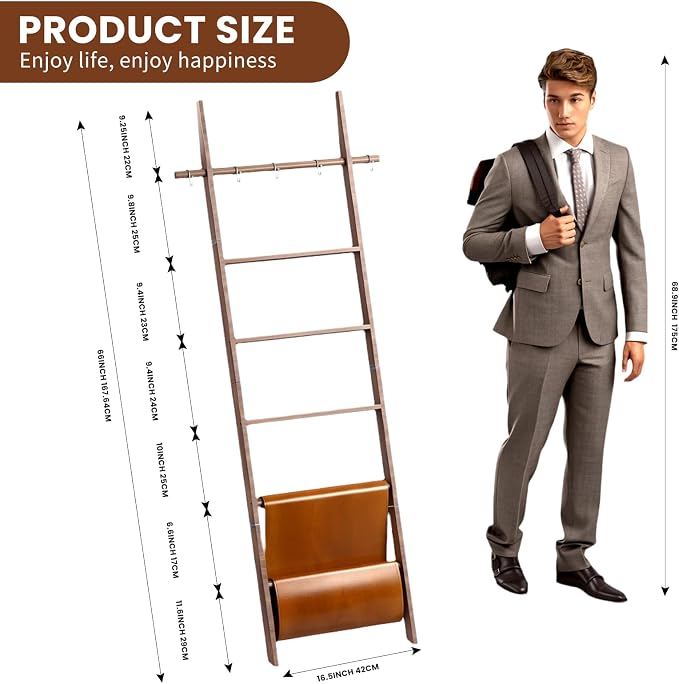 Wooden Blanket Ladder 6-Tier Farmhouse Rustic Blanket Holder with Synthetic Leather Bag, Decorative Stand with Removable Hooks Quilt Towel Rack for Home Living Room Bedroom Decor Brown