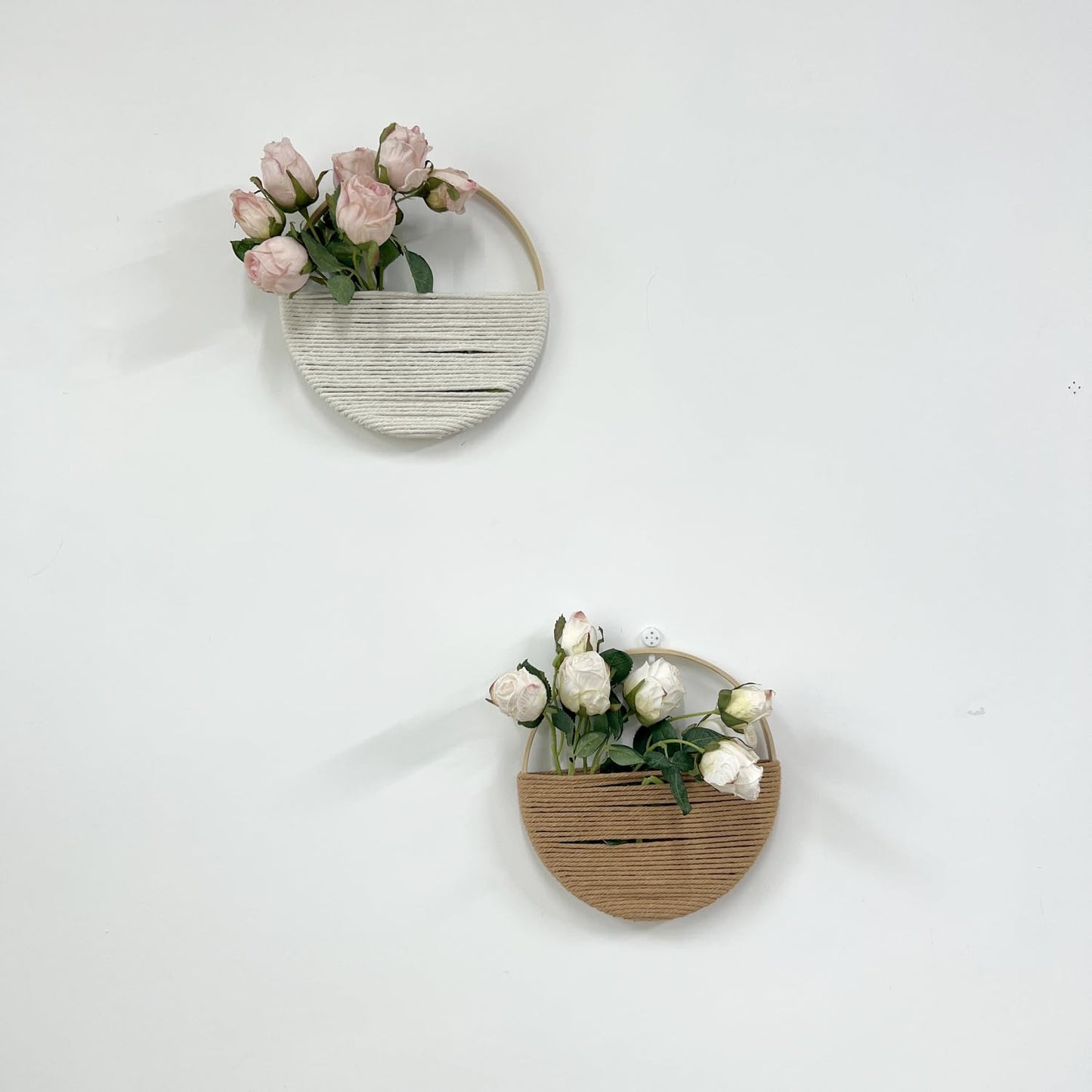 Cilemou 2-Piece 8-inch Round Bamboo Wall Decor with Yarn-Wrapped Half-Circle Design, Rustic Boho Style Wall Hanging for Living Room, Bedroom, Office, and Home Decor