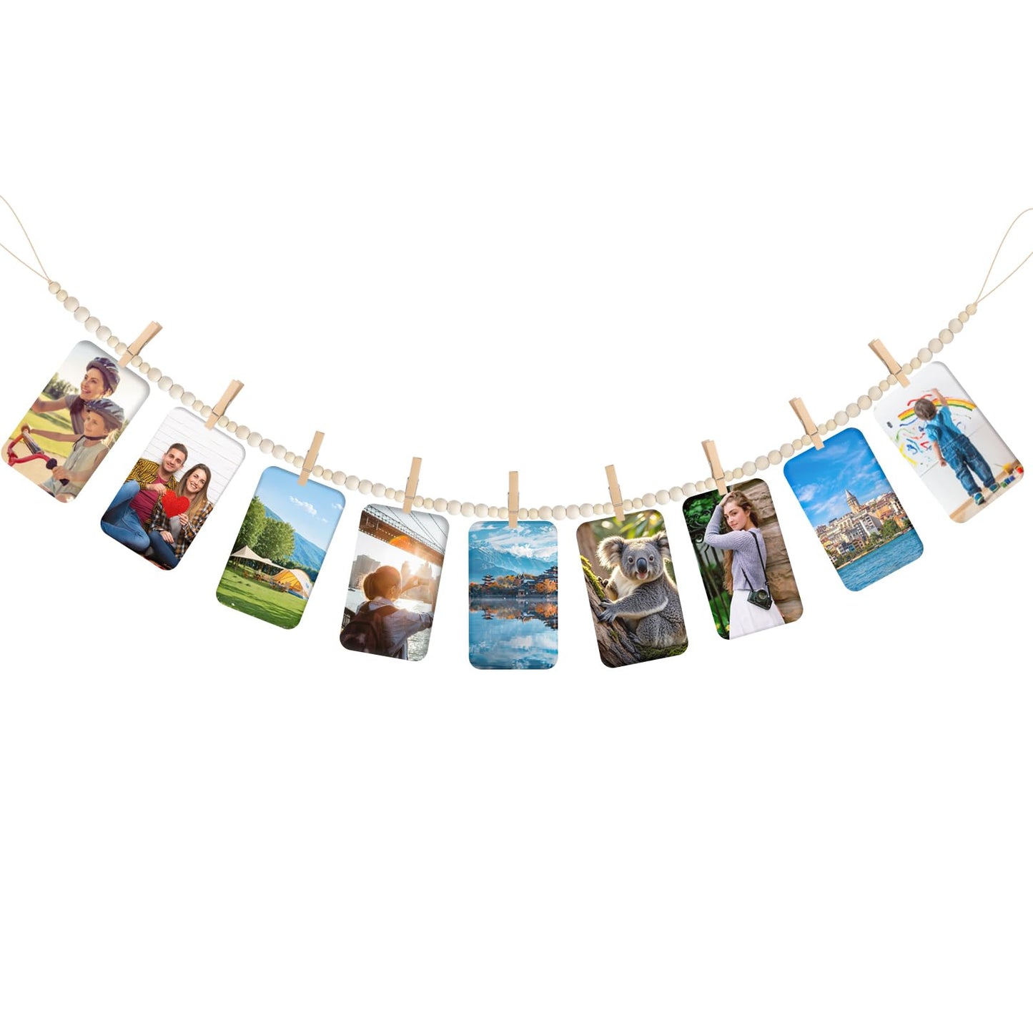 KooEggdo Hanging Photo Display Wall Decor With 9 Clips, Boho Wooden Bead Garland Collage Picture Frame, Bedroom, Living Room, Dorm Room Office, Teen Girl Holiday Gift