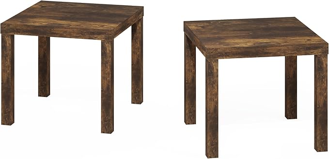 Furinno Classic Toolless Assembly Square Side Table Set of 2, Rustic Brown End Table with 1.8 Thick Tabletop, Night Stand, Bedside Table, for Living Room, Bedroom, Amber Oak