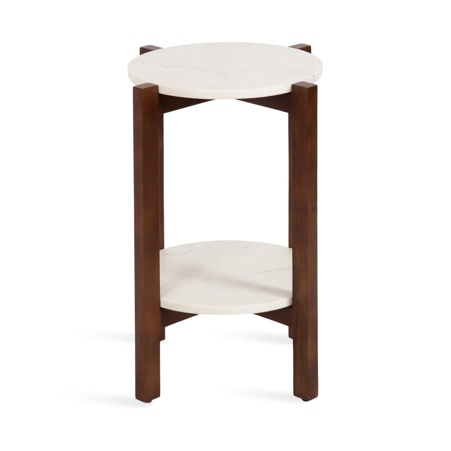 Kate and Laurel Moxley Transitional Round Side Table; 16 x 16 x 22; White Marble and Walnut Brown; Tiered Pedestal Table with Authentic Marble Tabletops for Bedroom Nightstand or Indoor Plant Stand