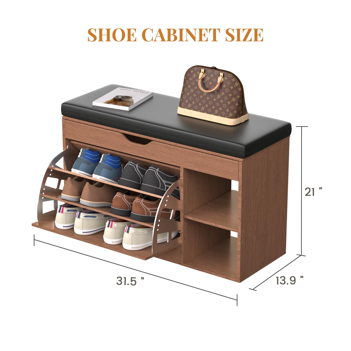 HOMEMORE Shoe Storage Bench Entryway Shoe Bench with Adjustable 3-Tier Flip-Up Shoe Rack Wooden Shoe Cabinet with Seat Cushion for Hallway Living Room