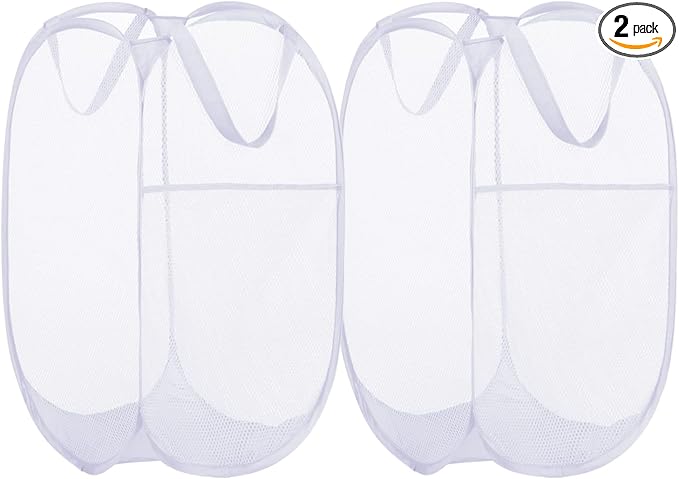 BATTOO Deluxe Strong Mesh Pop up Laundry Hamper Basket with Side Pocket for Laundry Room, Bathroom, Kids Room, College Dorm or Travel 2 Pack White