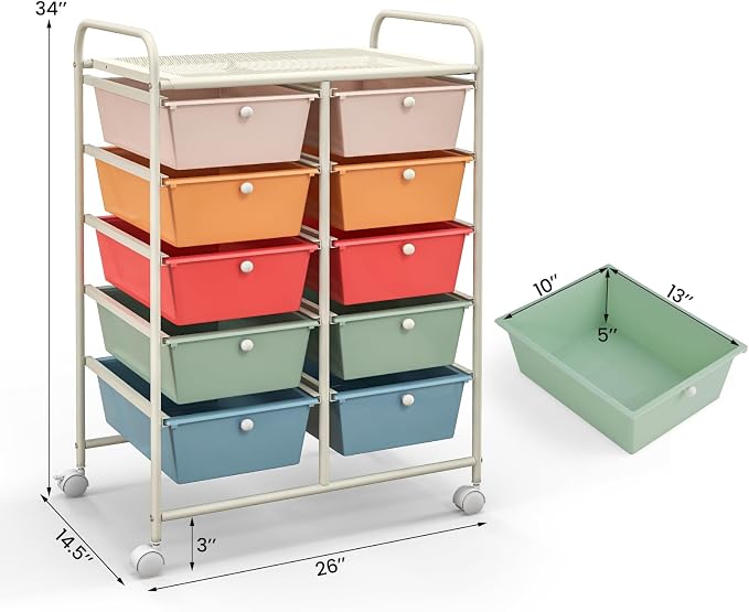 Giantex 10 Drawers Rolling Cart, Classroom Organizers, Storage Cart with Wheels, for Teacher Office Home School Supplies Tool Craft Art Paper, Multicolor