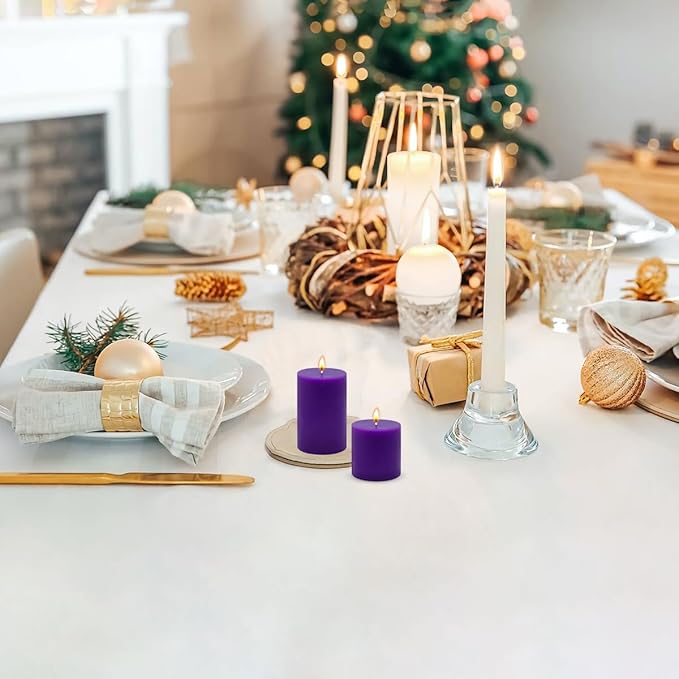 Purple Unscented Pillar Candles 3-Pack ??Dripless & Smokeless, Long-Burning Thick Candles (2",3",4" Heights) for Weddings, Home Decor & Serene Ambiance