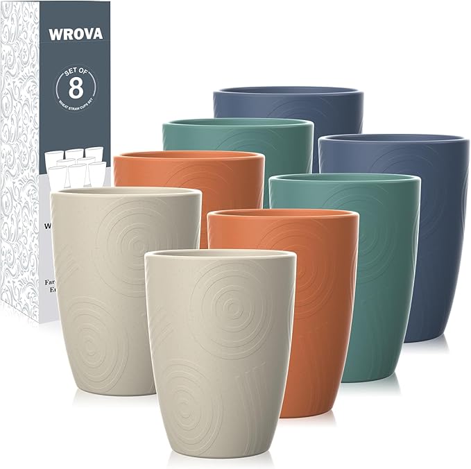 Wrova Wheat Straw Cups 8 PCS Good Alternative to Plastic Reusable Cups 12 oz Unbreakable Drinking Cup Reusable Dishwasher Safe Water Plastic Glasses Colorful