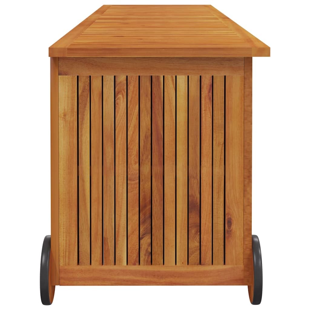 RCODSSK Solid Wood Acacia Patio Storage Box with Wheels, 59.1x19.7x22.8 Inch Outdoor Cushion Box for Garden Furniture and Toys