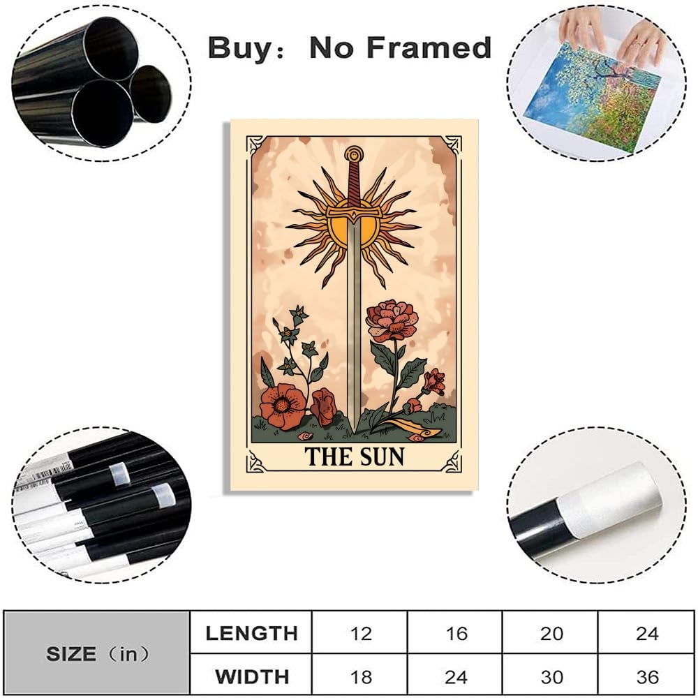 Set of 3 The Sun Moon Star Wall Art Mystical Tarot Card Print Earthy Boho Celestial Pictures Decor Astrology Posters Spiritual Witchy Room Aesthetic Painting for Bedroom 8x12inch Unframed