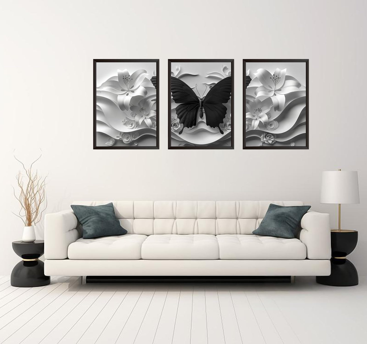 2D Black Butterfly Wall art set of 3 White Flowers Picture Canvas Art Modern Abstract Textured Florals Posters print Artwork for Living Room Bedroom Bathroom Decoration 12 * 18 in (Poster)