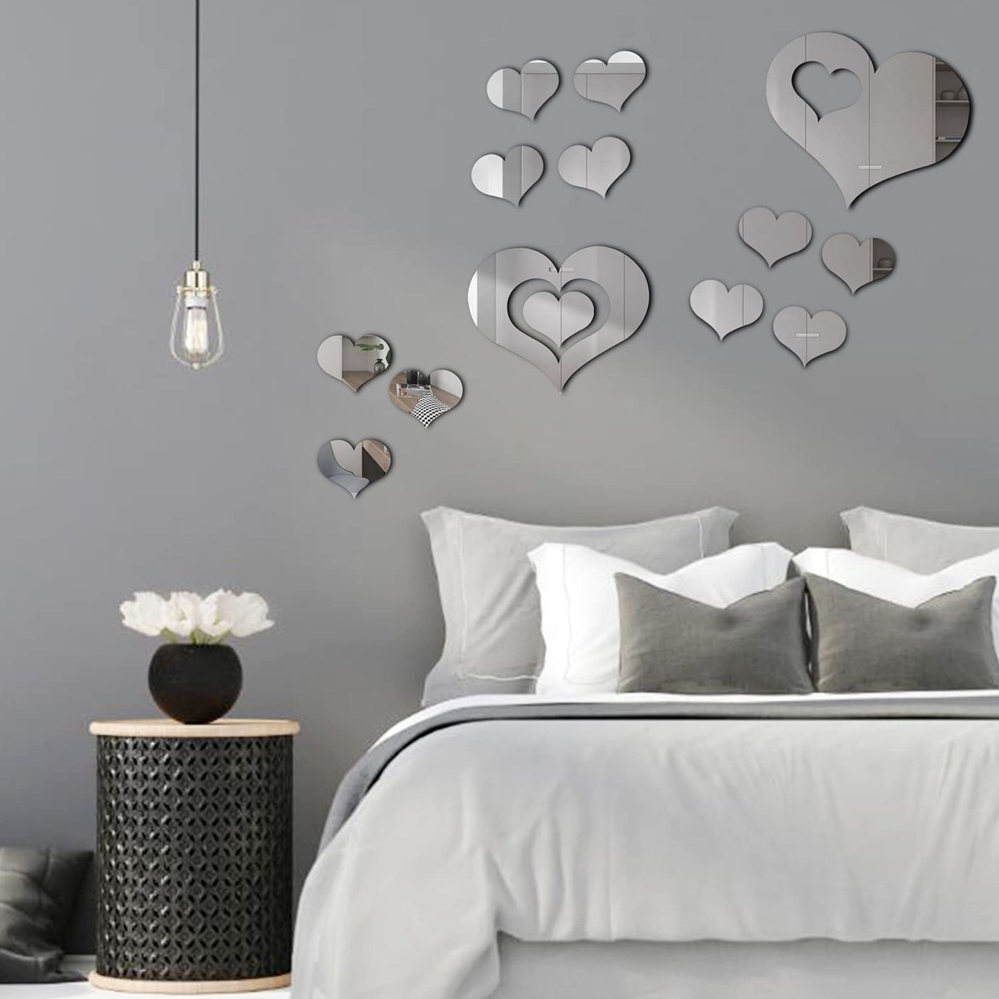 KIMOBER 13PCS Heart Shape Mirror Wall Stickers, Valentine's Day Silver Acrylic Removable Self-Adhesive Mirror Decals for Home Decorations