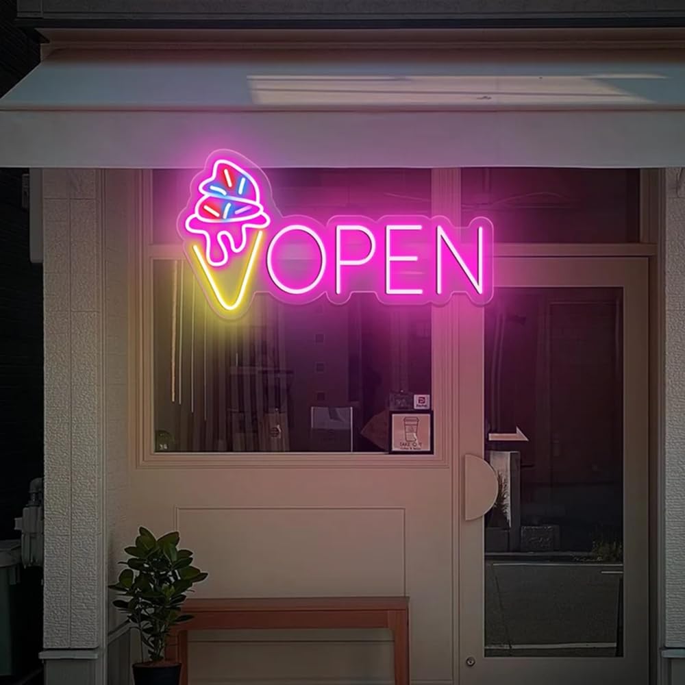 Neon Open Ice Cream Open Sign,IceCream Led Neon Sign,Pink Light Up Neon Sign,Ice Cream Car Led Sign, Signage Gift for Opening Size:20inches