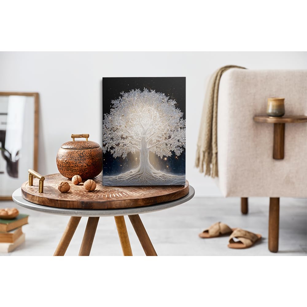 Glowing Tree of Life Under Starry Night Sky Abstract Canvas Wall Art Framed Mystical Fantasy Nature Painting Prints Posters Artwork for Modern Living Room Bedroom Wall Decor Unique Gift 12x16 Inches