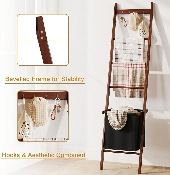 BAMBANG Bamboo Blanket Ladder with Basket, 5-Tier Quilt Rack Stand with 4 Hooks & Storage Hamper for Living Room Bathroom, Wall Leaning Decorative Ladder Shelf for Blankets Display (Brown)