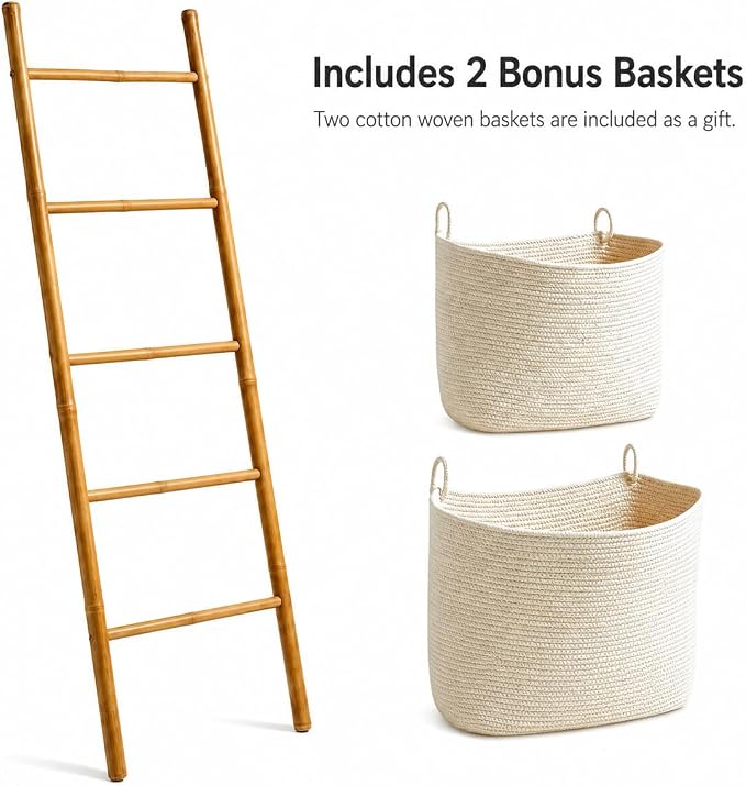 Bamboo Blanket Ladder with 2 Woven Storage Baskets, Handcrafted 55in Decorative Ladder for Blankets, Leaning Blanket Holder for Living Room, Towel Ladder for Bathroom & Quilt Display Rack