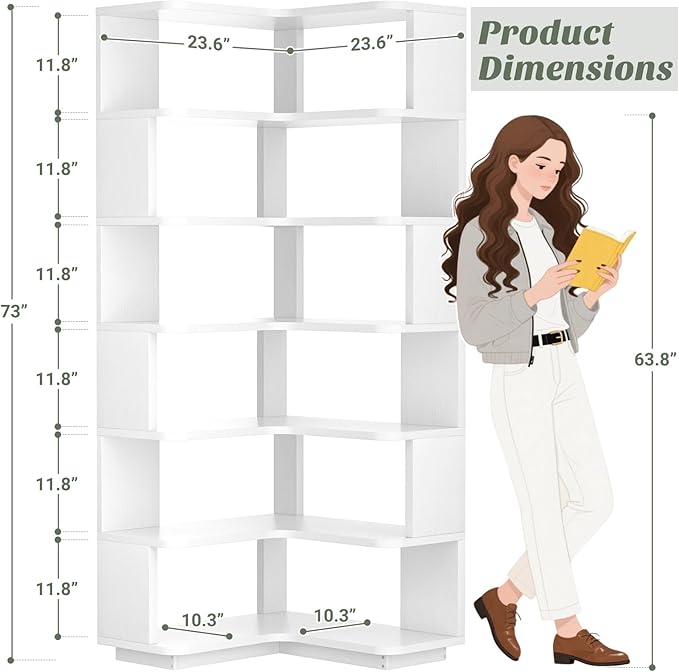 Armocity Corner Book Shelf - 7 Tier Corner Bookshelf Etagere Bookcase with Baffle, Freestanding L Shaped Display Shelf Stand for Home Office, Living Room, Bedroom, Kitchen, White