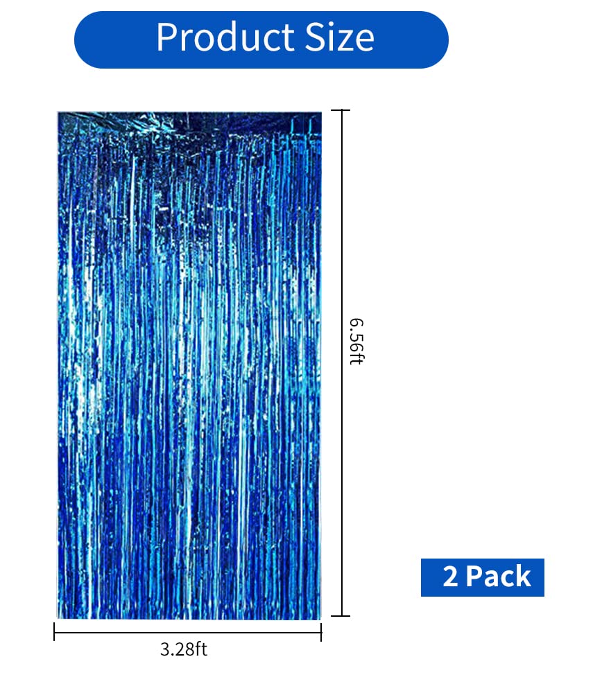 BEISHIDA 2 Pcs Blue Door Streamers Tinsel Curtain Party Backdrop Fringe Foil Wall Background for Birthday Halloween Christmas Wedding Boys Baby shower Party Decoration(3.28 ft x 6.56 ft)