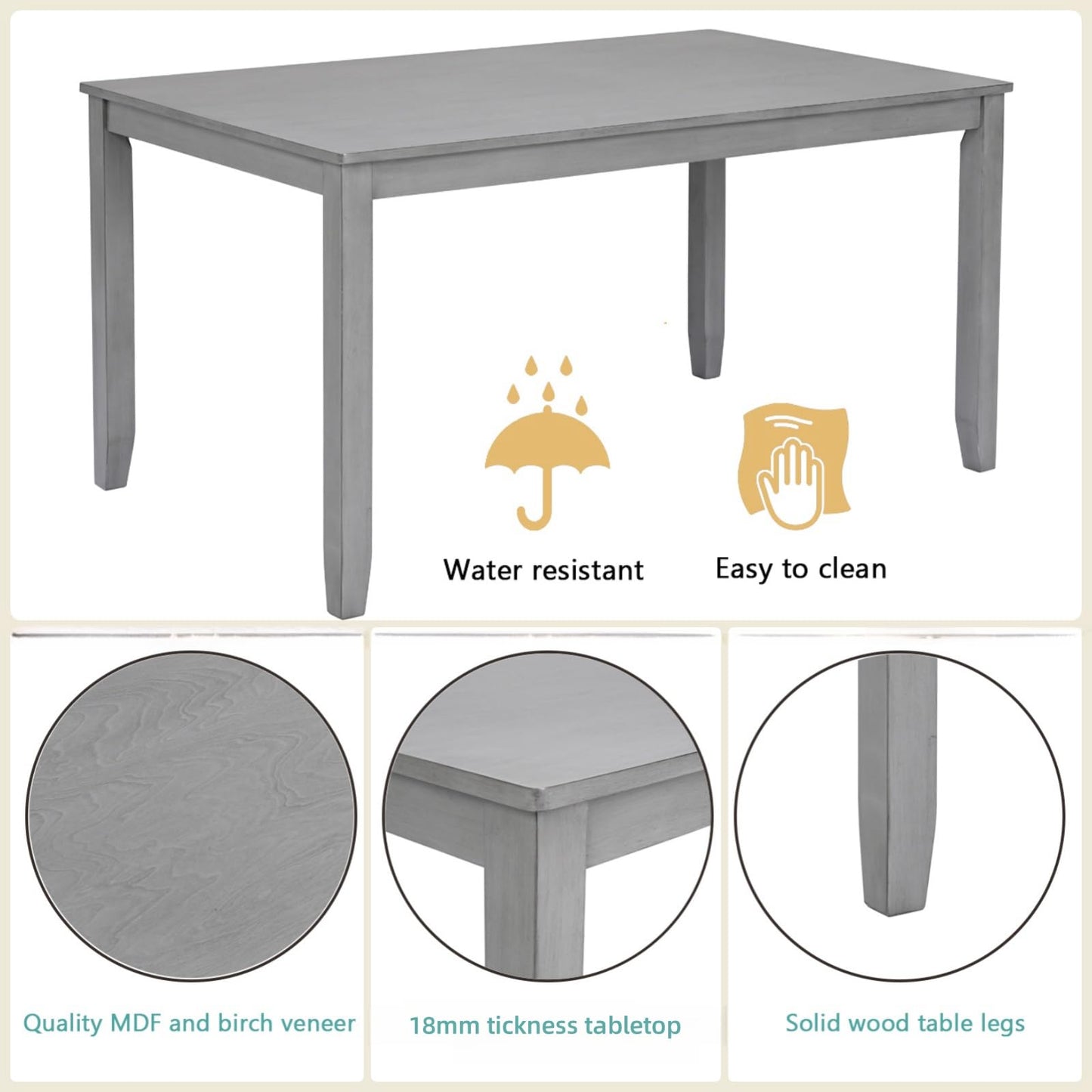 Trygoal Dining Table Set for 6, 6-Piece Kitchen Table Chairs Set with Rectangular Table, 4 Slatted Upholstered Chairs and Bench, Wooden Farmhouse Rustic Style Kitchen Dining Set for 6 Person, Gray