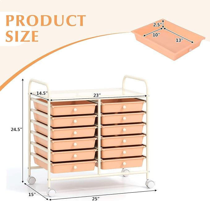 COSTWAY 12-Drawer Rolling Storage Cart, Utility Storage Organizer Cart for Tools, Scrapbook, Paper, Craft, Multipurpose Art Supply Organizer on Wheels for Home Office School, Teacher, Peach