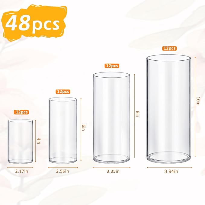 48 Pack Glass Cylinder Vases 4,6,8,10 Inch Tall Clear Flower Vase Hurricane Floating Candle Holder for Table Centerpiece Wedding Home Decor