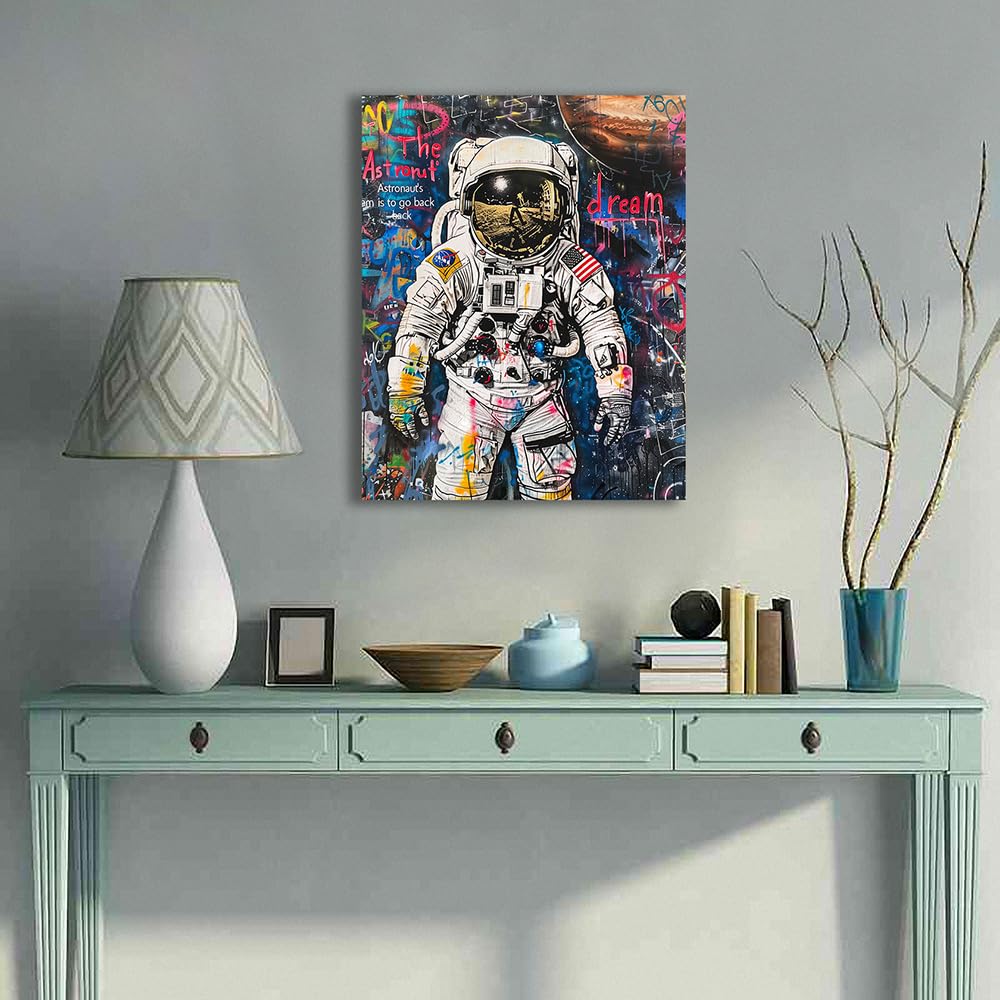 Ypxzzj Framed Banksy Graffiti Astronaut Canvas Wall Art Pop Spaceman Posters Wall Art for Teen Boy Room Decor Modern Abstract Street Art Graffiti Painting for Teenage Boys Bedroom Ready to Hang