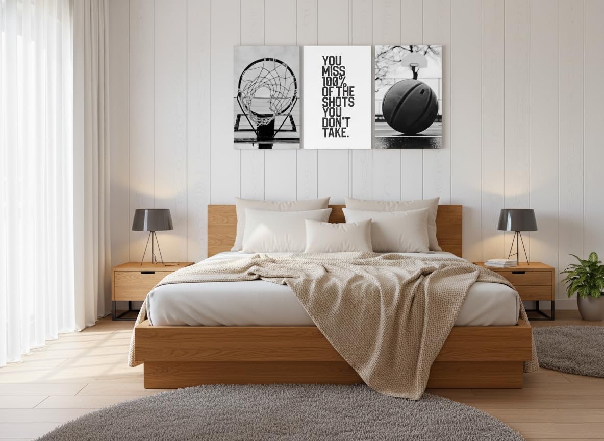 Basketball Wall Art Inspirational Sport Theme Canvas Poster Prints Motivational Sports Pictures Paintings Black and White Basketball Hoop and Ball for Bedroom Gym Office Wall Decor Unframed