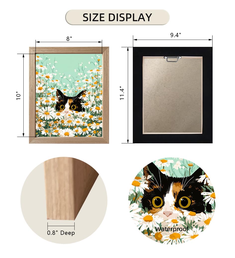 Cat Wall Decor Framed Cute Calico Cat Daisy Wall Art Flower Print Poster Whimsical Pet In White Floral Kitten Decor For Bedroom Nursery