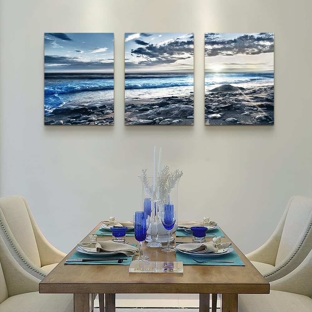 DZRWUBHS Canvas Wall Art - Modern Decor for Living Room, Office & Bedroom - 3 Piece Blue Beach Seascape Wall Prints