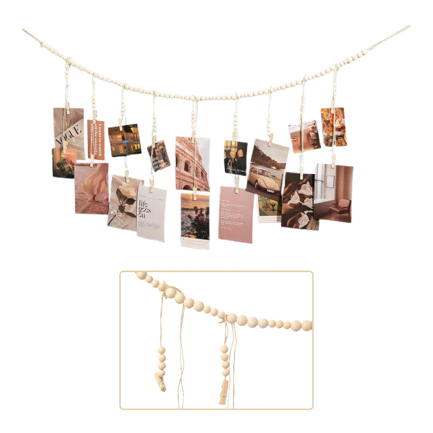 WIVKFML Hanging Photo Display with 18 Wood Clips, Boho Wooden Bead Wall Décor for Bedroom, Living Room, Dorm, Kids Art Picture Display