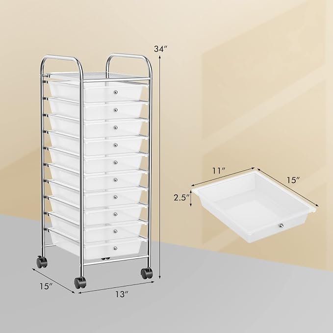 COSTWAY 10-Drawer Rolling Storage Cart, Utility Mobile Trolley with Removable Drawers & Universal Casters & 2 Brakes, Versatile Flexible Drawer Organizer Cart for Home, Office (Clear)