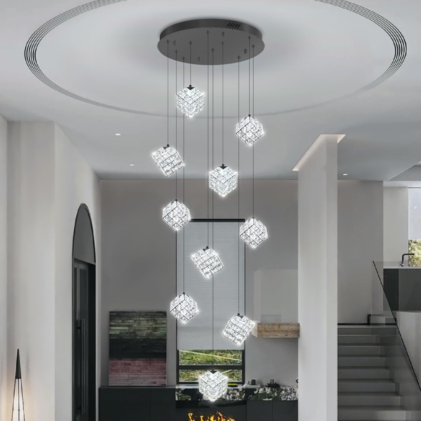 Shial Lighting 10-Lights LED Staircase Chandelier Modern Foyer Chandeliers Large Chandelier for High Ceilings,Crystal Pendant Light for Living Room Stairwell Dining Room Entryway