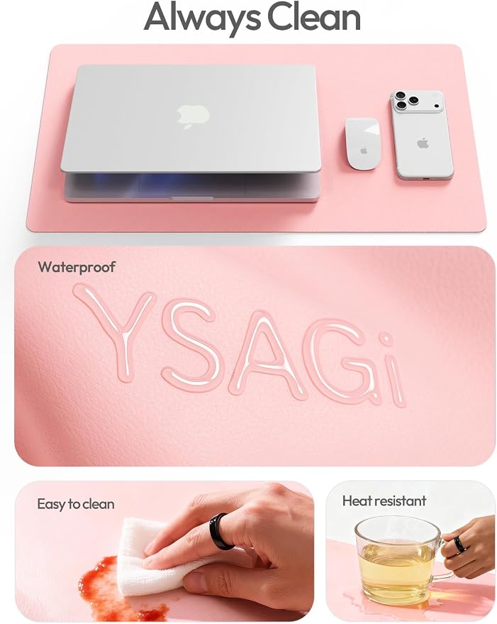 YSAGi Leather Desk Protector, Office Mat, Large Mouse Mat, Non-Slip PU Leather Blotter, Laptop Pad, Waterproof Writing Pad for Office and Home (Light Pink, 23.6" x 13.8")