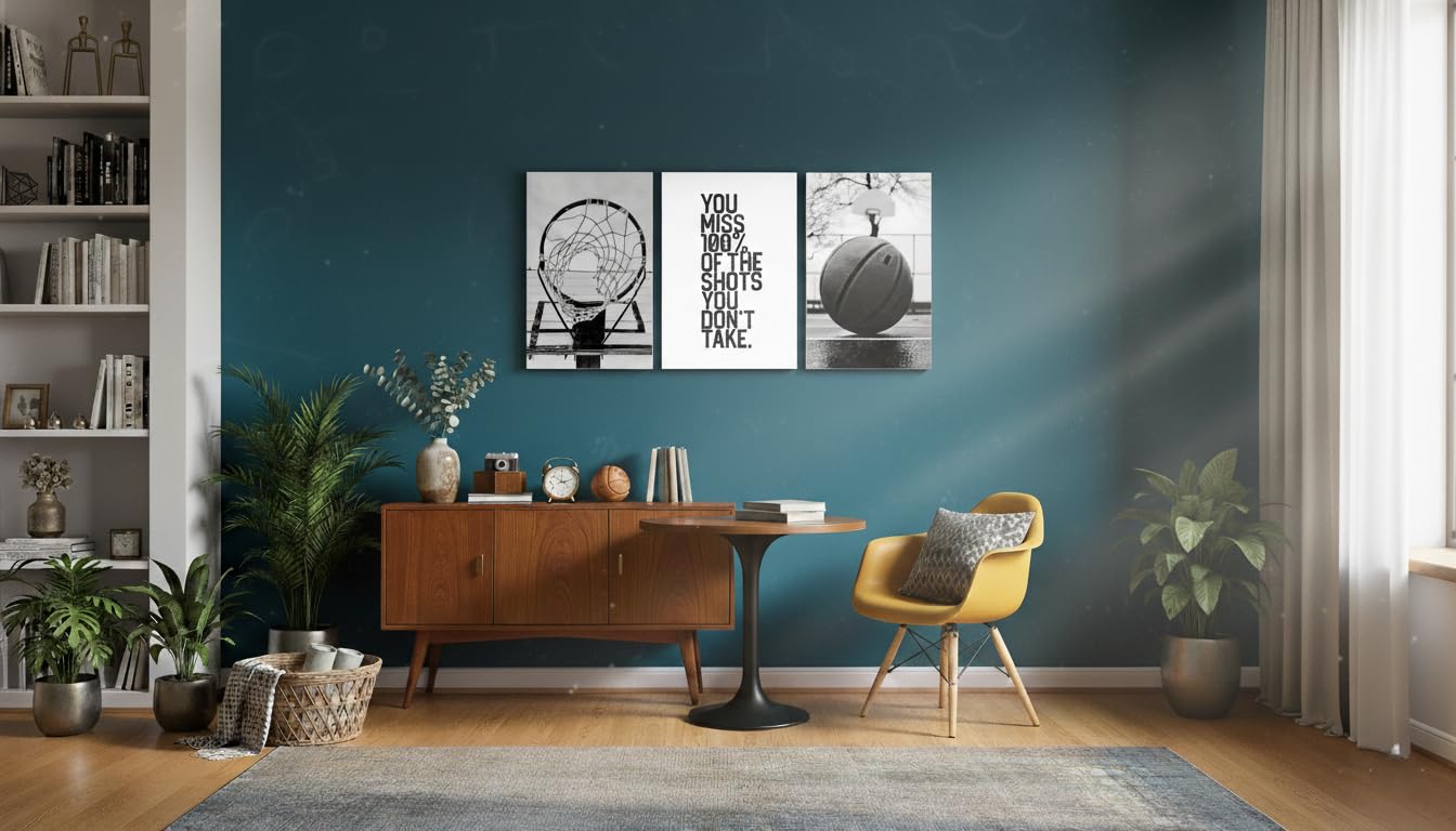 Basketball Wall Art Inspirational Sport Theme Canvas Poster Prints Motivational Sports Pictures Paintings Black and White Basketball Hoop and Ball for Bedroom Gym Office Wall Decor Unframed