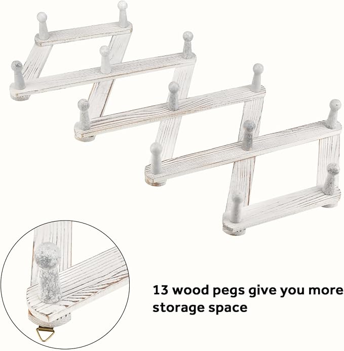 Homode Accordian Wall Hanger, Expandable Coat Rack Wall Mounted, Accordion Style Wood Hat Rack with 13 Peg Hooks for Hanging Coats, Hats, Mugs, Bags, Purses, Necklaces, Rustic White
