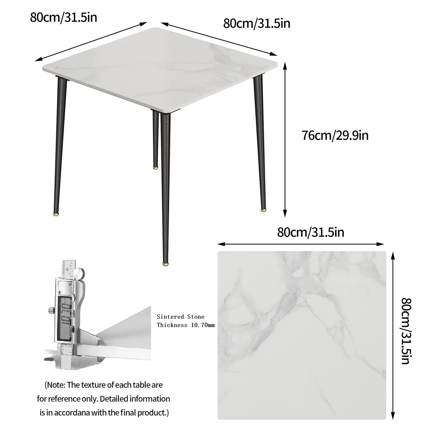 Wisfor Sintered Stone Dining Table: 32 Inch Square White Kitchen Breakfast Table with Black Metal Legs - 30 Inch High Restaurant Table for 4