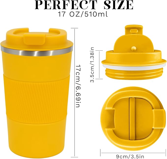 YINBAOGE Insulated Travel Coffee Mug, Spill & Leak Proof, Portable To Go Camping Stainless Steel Coffee Tumbler, Reusable Thermal Coffee Cup with Lid for Hot & Cold Drinks (Yellow, 17 OZ)