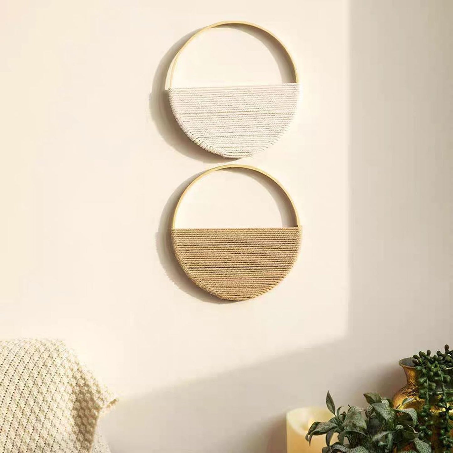 Cilemou 2-Piece 8-inch Round Bamboo Wall Decor with Yarn-Wrapped Half-Circle Design, Rustic Boho Style Wall Hanging for Living Room, Bedroom, Office, and Home Decor