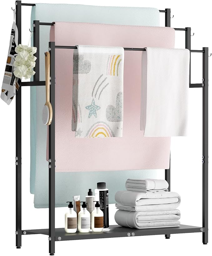 Mondazie 44” Tall Free Standing Towel Racks with 6 Hooks for Bathroom, 3 Tiers Oversized Pool Bath Towels Drying Stand, Metal Blanket Ladder Holder with Storage Shelf for Bedroom Living Room, Black