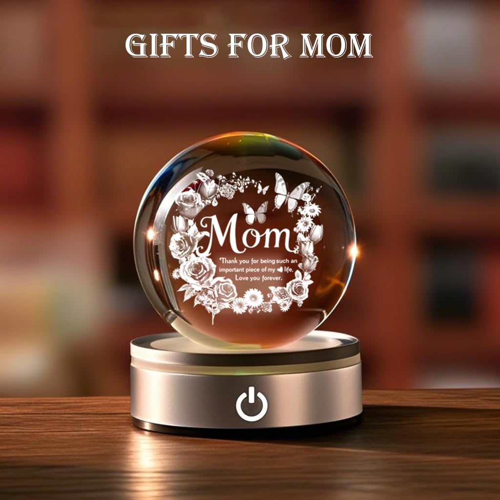 YouerCrystal Mom 3D Crystal Ball Gifts for Mum Birthday Gift from Son, Daughter - Fun Christmas, Mothers Day, Retirement Gift Dutterfly Decorations for Mom 80MM