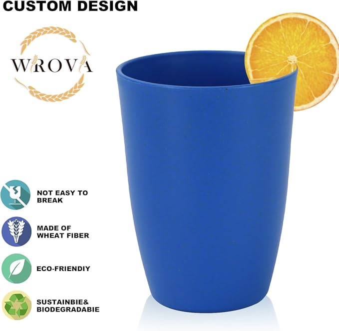 Wrova Wheat Straw Cups 8 PCS Good Alternative to Plastic Reusable Cups 12 oz Unbreakable Drinking Cup Reusable Dishwasher Safe Water Plastic Glasses - Ocean Series