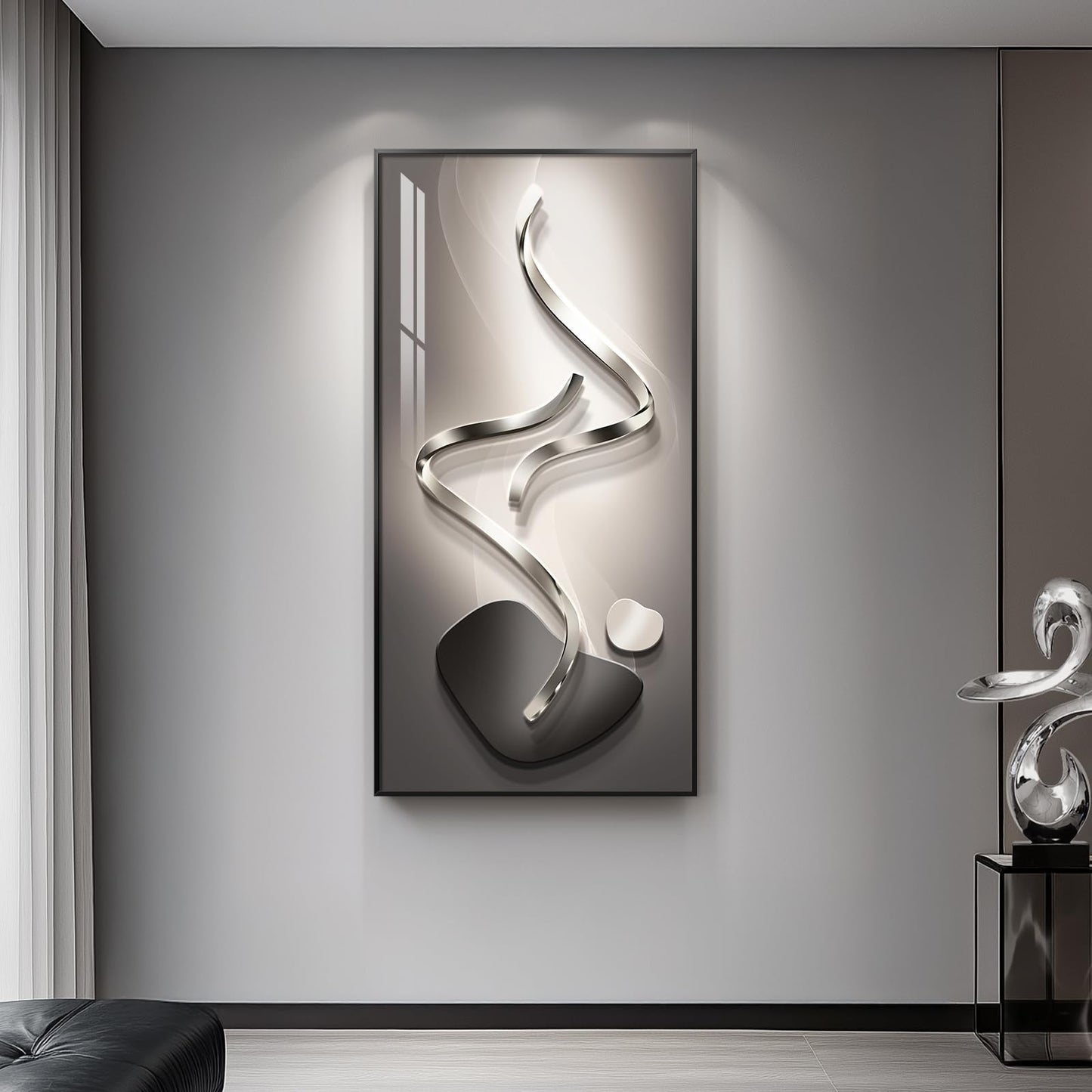 Large Framed Modern Abstract Vertical Wall Art for Living Room, Black Grey Prints Paintings Artwork for Walls, Silver Gray Luxury Pictures for Hallway Entryway Foyer Stair Office Wall Decor 30x60 Inch