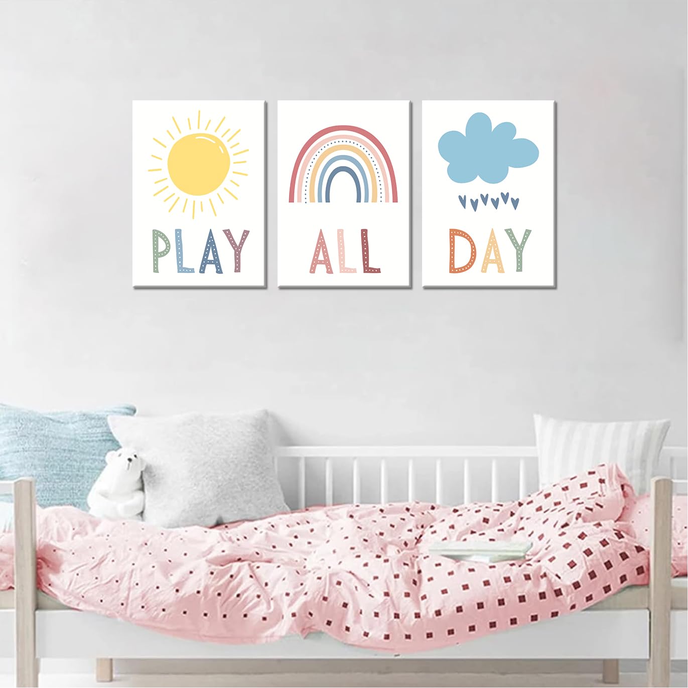 3Pcs Boho Nursery Canvas Wall Art Play All Day Kids Room Wall Decor Pictures Rainbow Sun Cloud Posters Prints for Boy Girl Bedroom Playroom Classroom Decoration, 12x16in