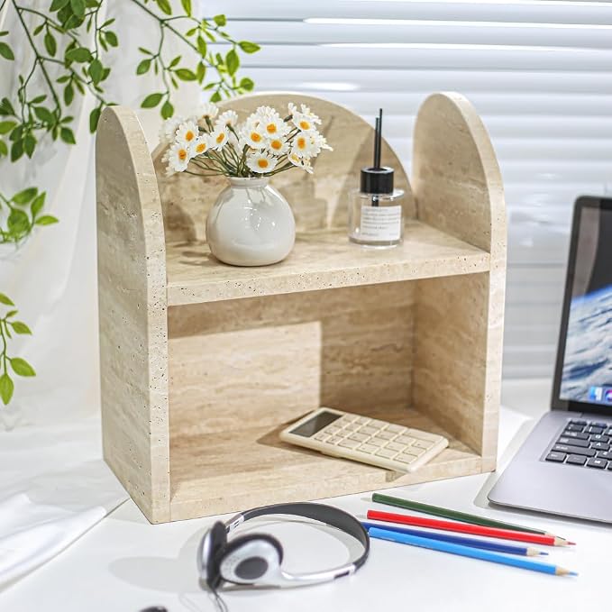 DUANYAN Travertine Bathroom Counter Organizers and Storage, 2-Tier Luxurious Makeup Organizer for Perfume Cosmetic Skincare Jewelry, Natural Stone Counter Shelf, No Assembly Required