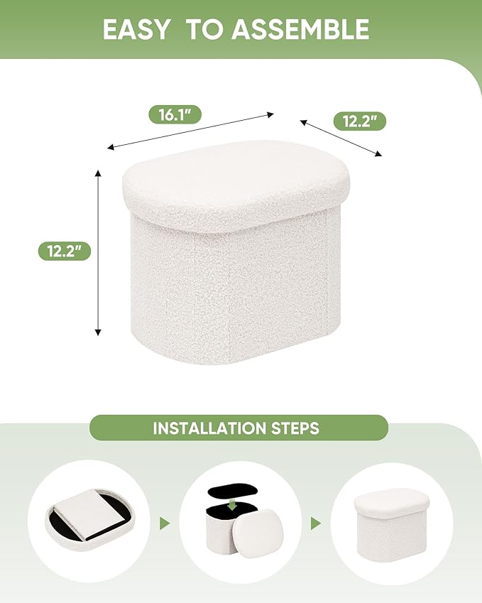 B FSOBEIIALEO Storage Ottoman for Dorm Room, Boucle Folding Storage Ottoman Foot Rest, 16.14 Inches Small Collapsible Ottoman Cube for Living Room White Cream