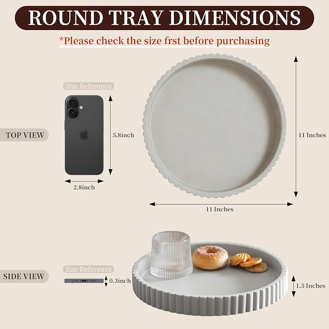 Decorative Tray for Coffee Table, Living Room, Side Table, 11" Gray Round Concrete Home Decor Serving Trays for Accent Table, Console Table