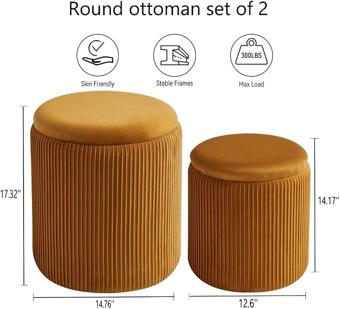 BLEXA Round Set of 2 Ottoman with Storage-Upholstered Velvet Vanity Stool for Makeup Multifunctional Ottomans Coffee Table Padded Seat Foot Rest for Living Room&Bedroom (Yellow)