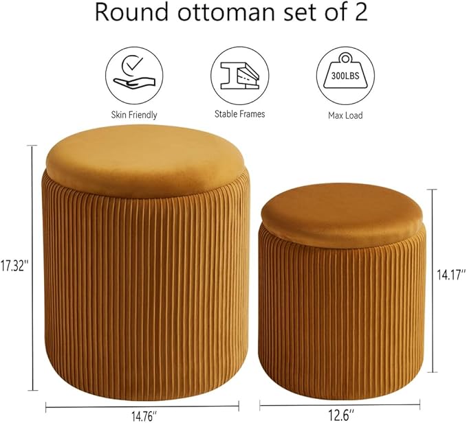 BLEXA Round Ottoman with Storage Set of 2-Upholstered Velvet Vanity Stool for Makeup Multifunctional Ottomans Coffee Table Padded Seat Foot Rest (Yellow-Upgrade Tray Lid)